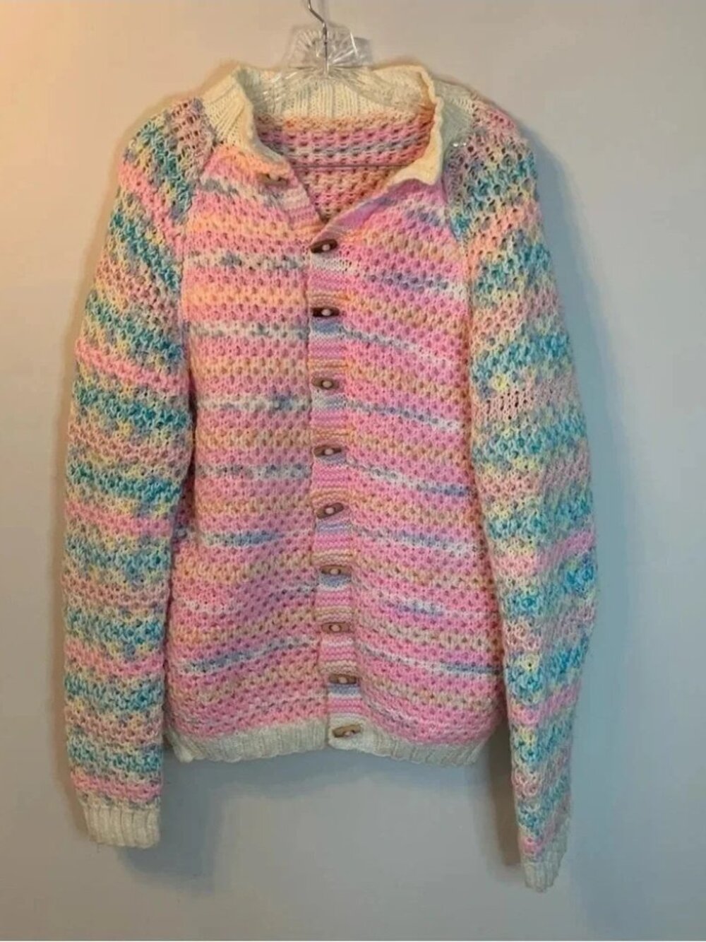 Handmade  Pink Blue Crocheted Oversized Button Front Cardigan XL